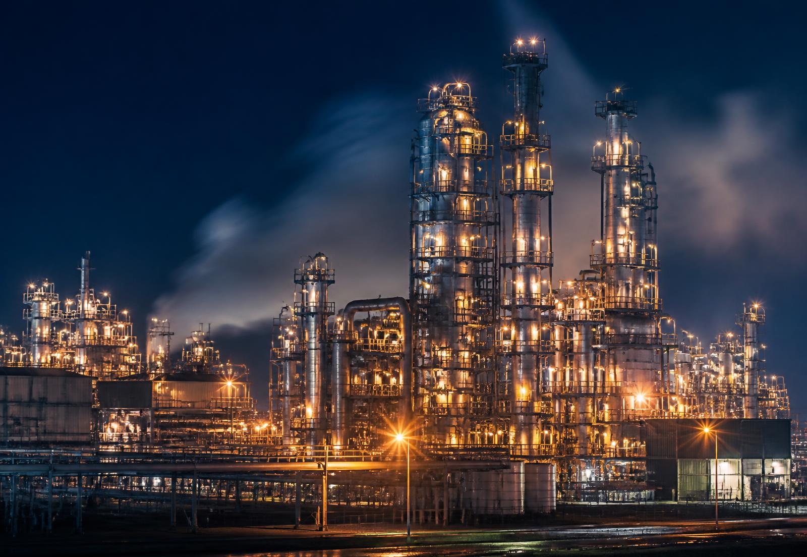 Refinery units lit at night